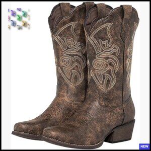 Square Toe Cowboy Boots Mid Wide Calf Distressed Western Retro Cowgirl